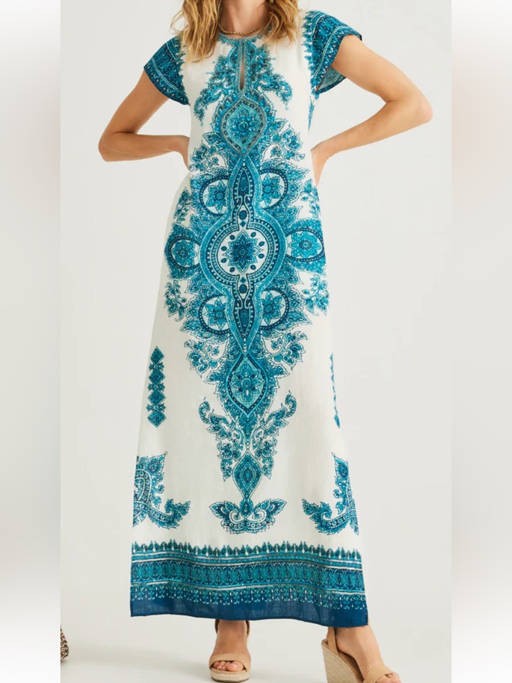 $900 Sold out Calypso St. Barth Blue& whitehand Embroidered linen Maxi Dress - M